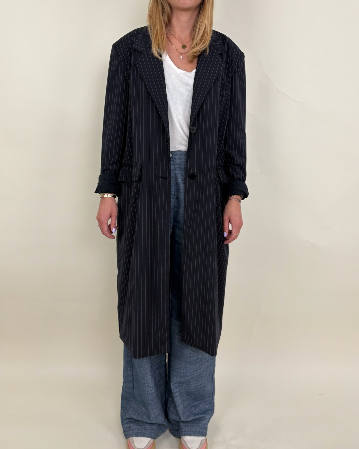 Long blazer-style tennis stripe coat