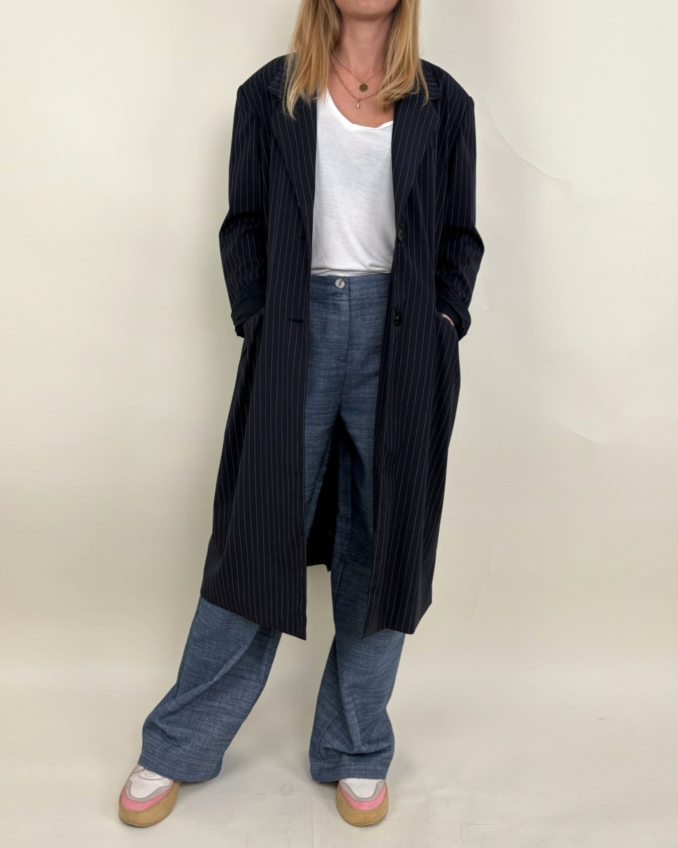 Long blazer-style tennis stripe coat