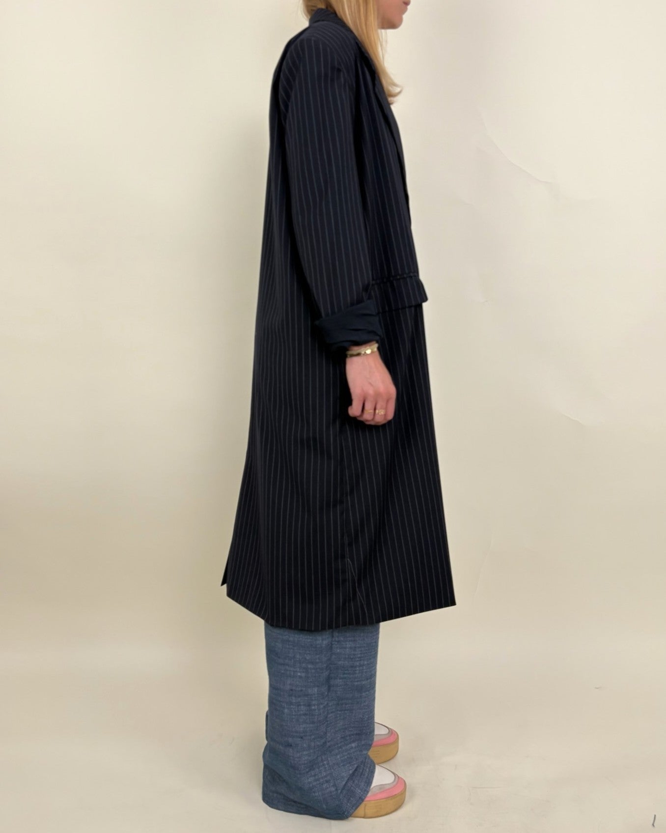Long blazer-style tennis stripe coat