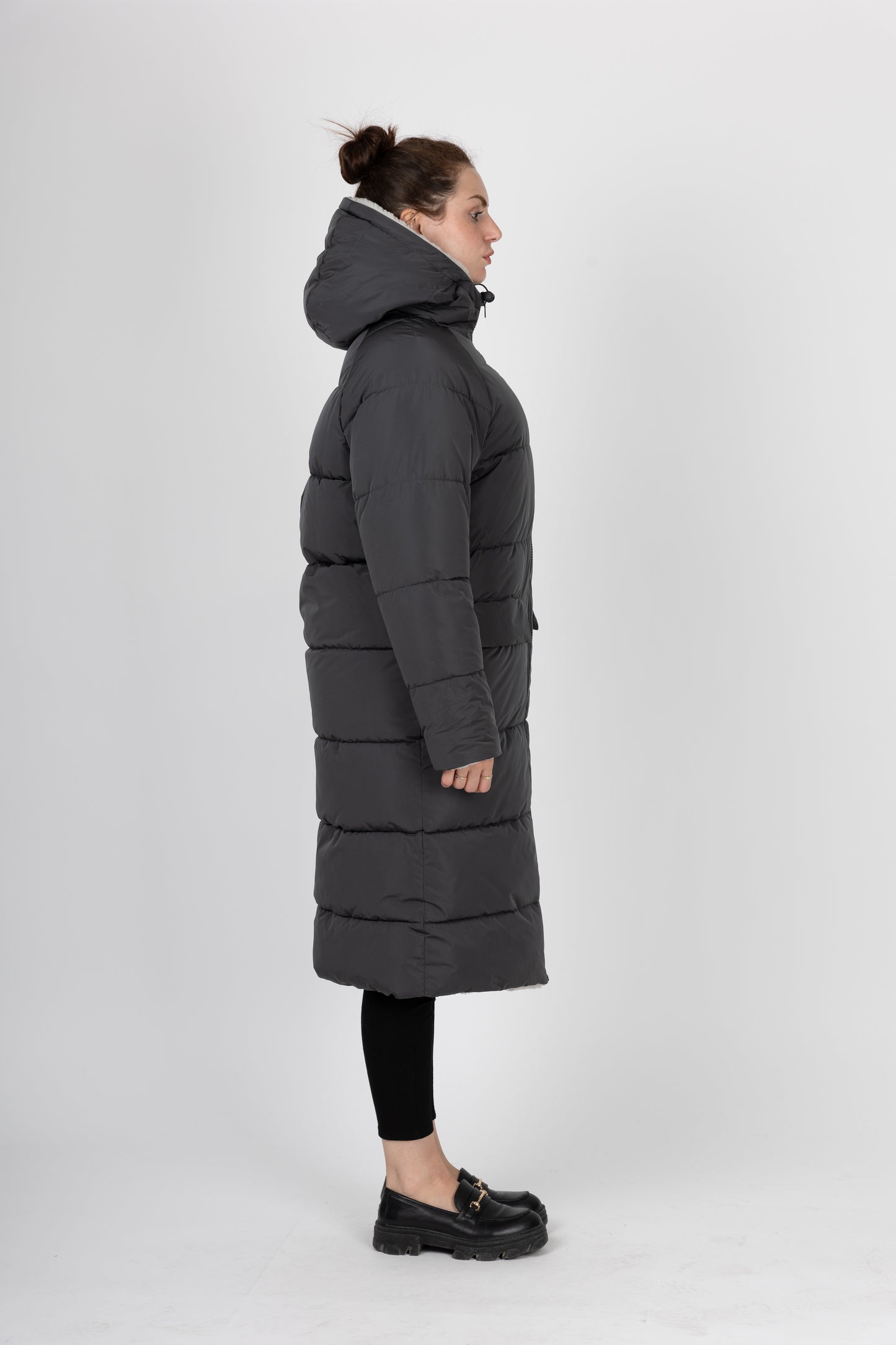 Long reversible down jacket with hood