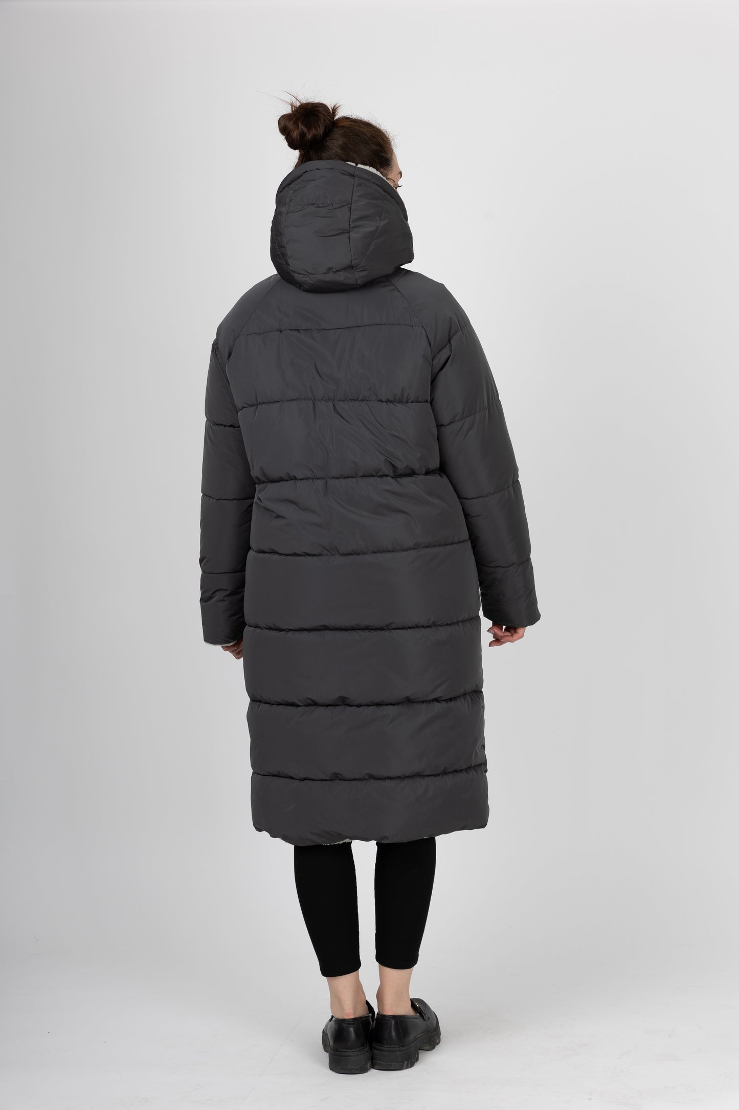Long reversible down jacket with hood