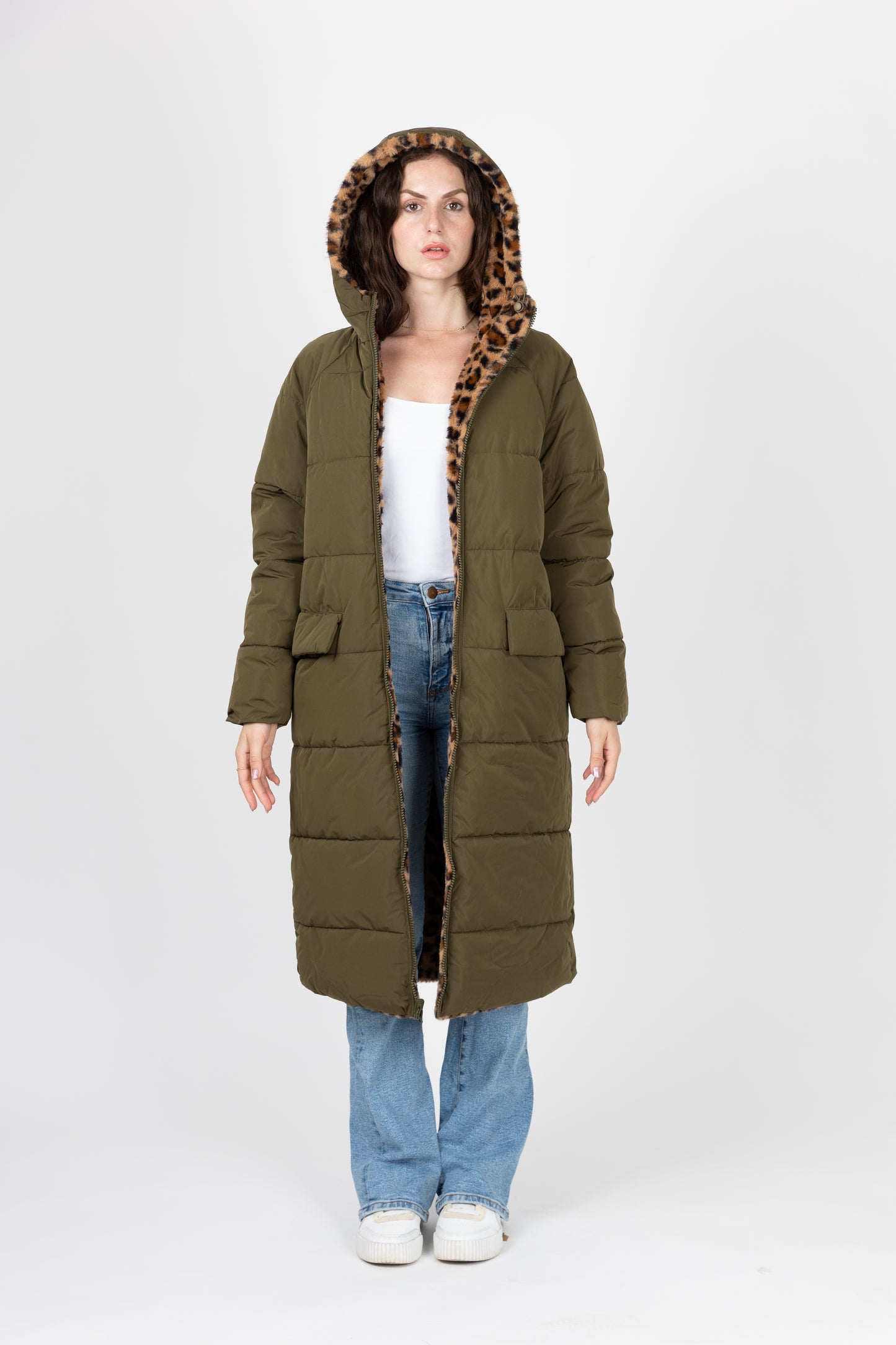 CHAQUETA DE PLUMAS LARGA REVERSIBLE CON ESTAMPADO DE LEOPARDO