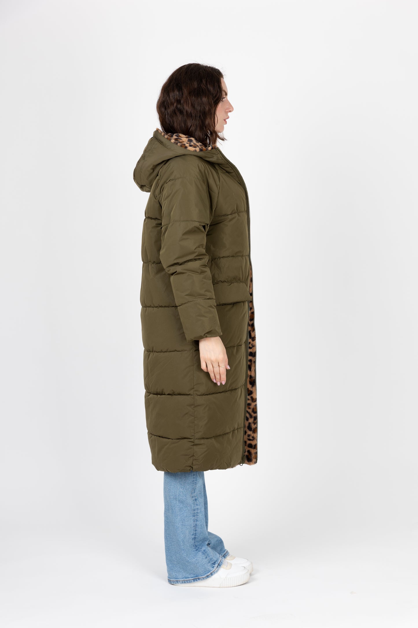 CHAQUETA DE PLUMAS LARGA REVERSIBLE CON ESTAMPADO DE LEOPARDO