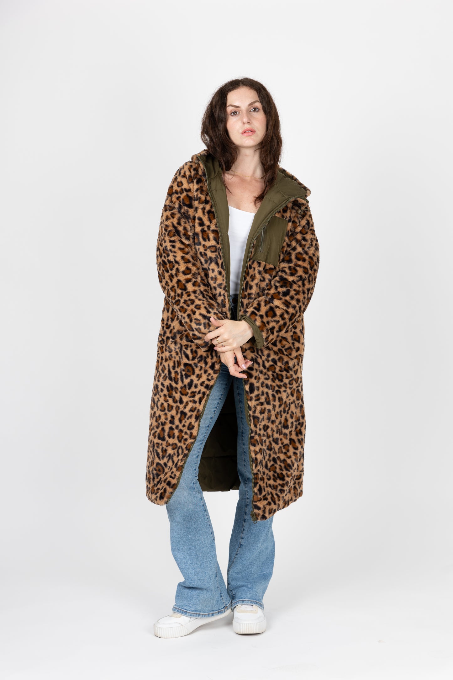 CHAQUETA DE PLUMAS LARGA REVERSIBLE CON ESTAMPADO DE LEOPARDO