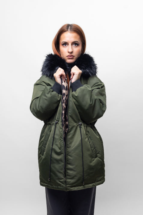 REVERSIBLE MID-LENGTH LEOPARD PARKA