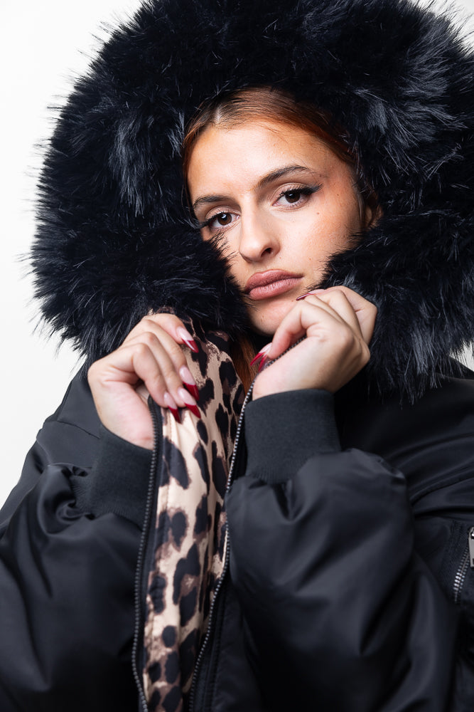 REVERSIBLE MID-LENGTH LEOPARD PARKA