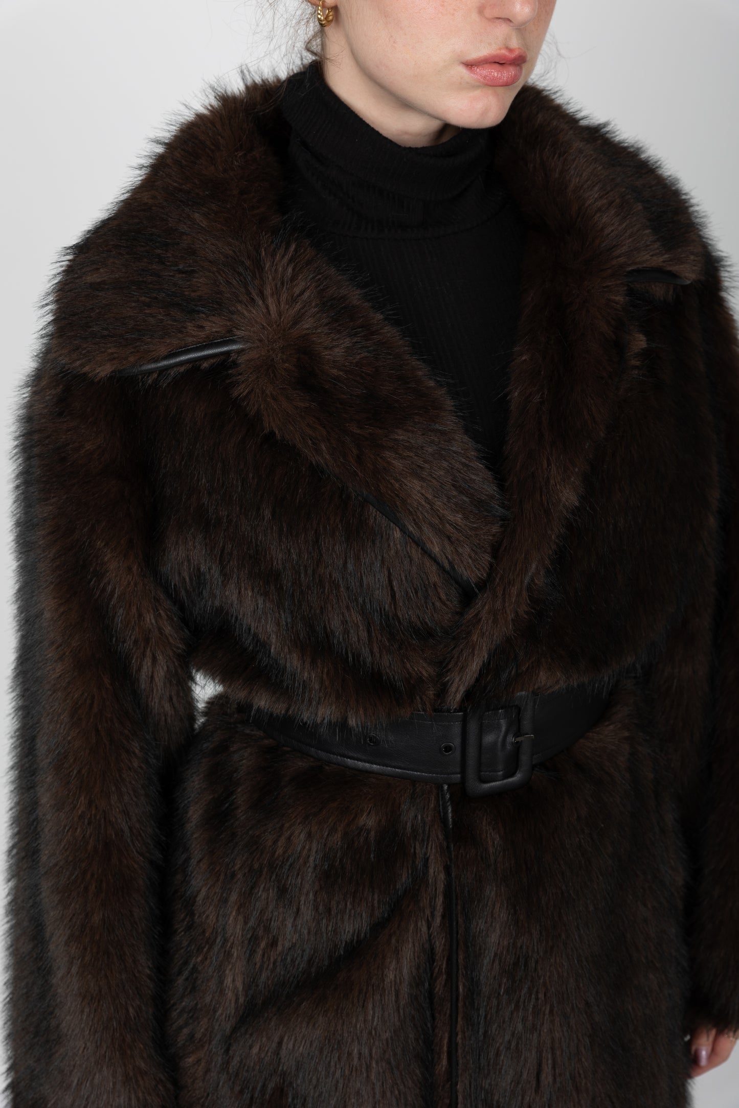 Faux Fur Coat with Faux Leather Belt