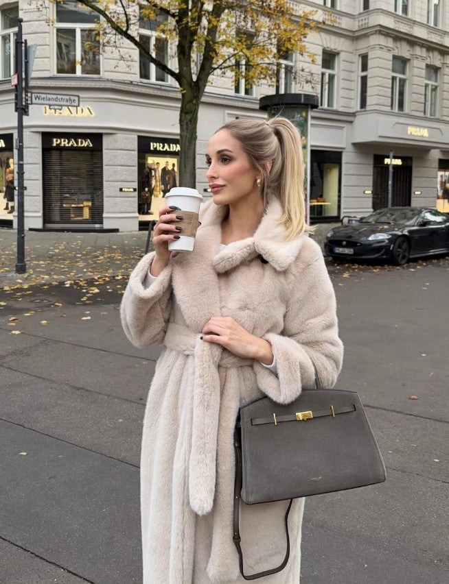 LONG FAUX FUR COAT WITH BELTED BACK – K-ZELL PARIS