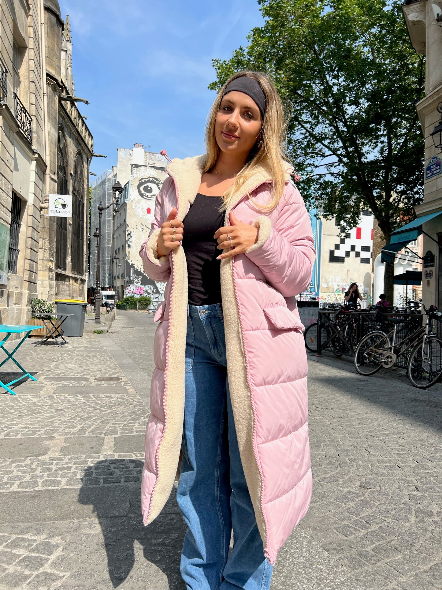 Long reversible down jacket with hood