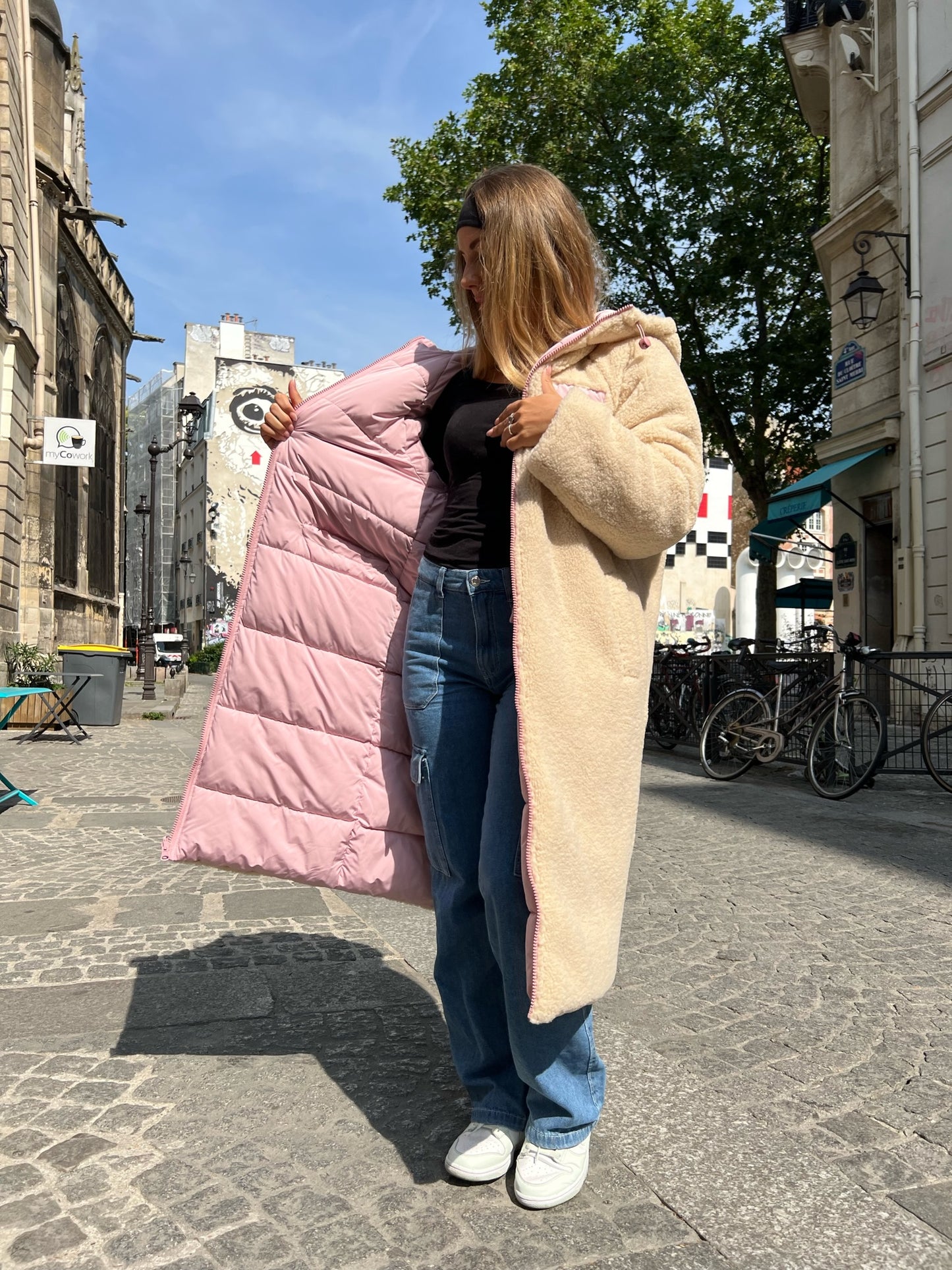 Long reversible down jacket with hood