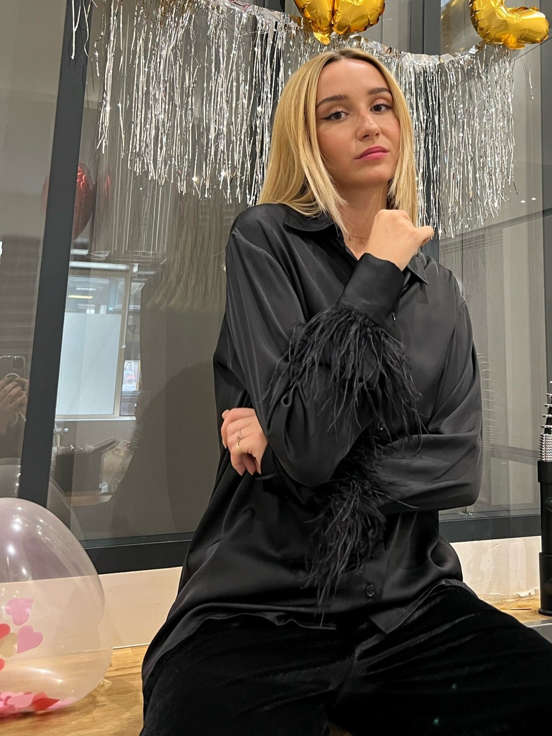 SATIN SHIRT WITH FEATHER DETAILS