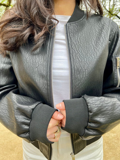 Faux leather bomber with details