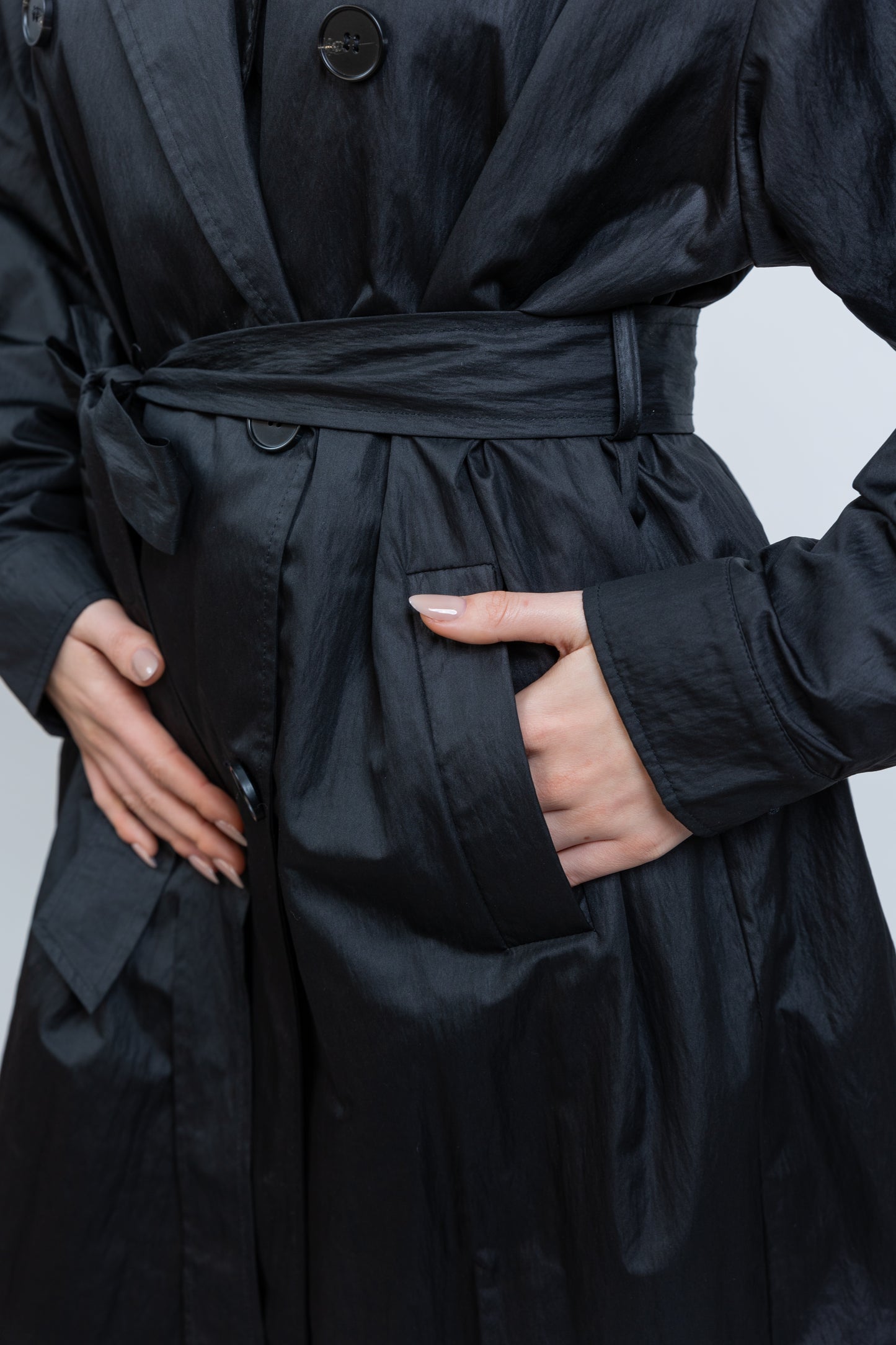 Long waterproof trench coat with belt