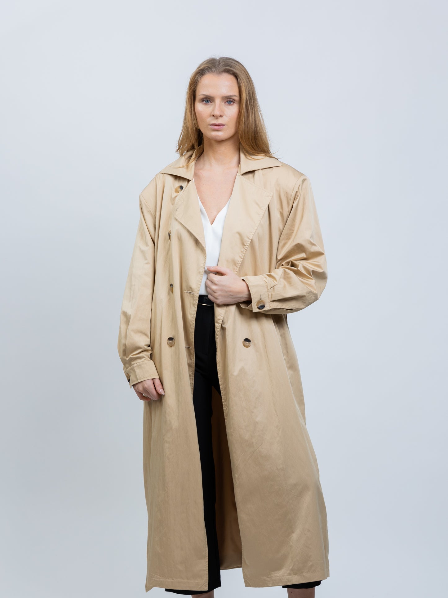 Long waterproof trench coat with belt