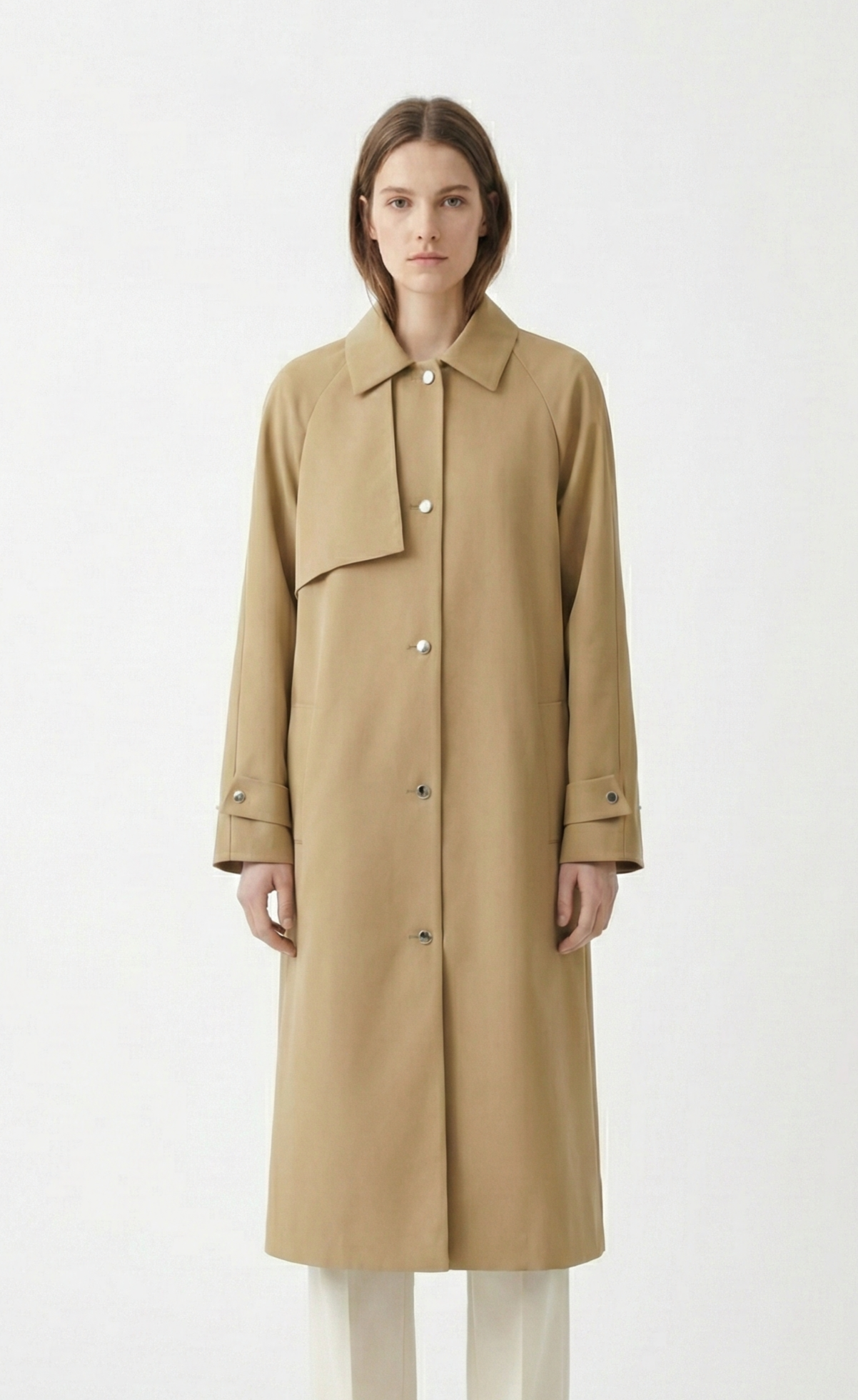 Long asymmetrical trench coat
