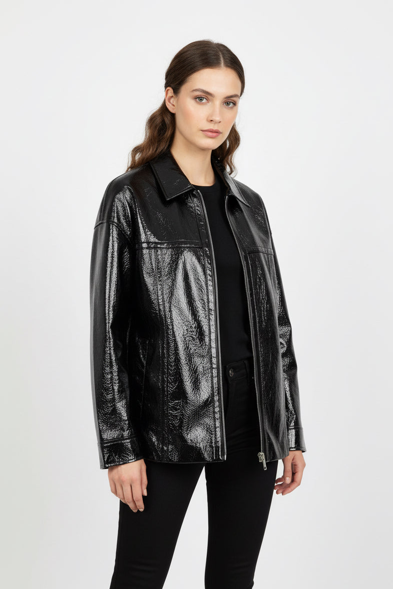 CHAQUETA DE CUERO SINTÉTICO BRILLANTE