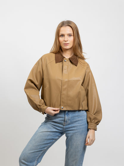 FAUX LEATHER JACKET WITH CONTRAST COLLAR
