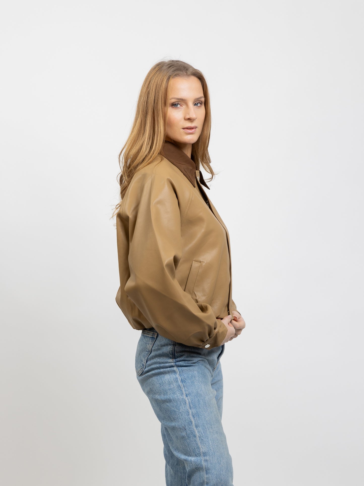 FAUX LEATHER JACKET WITH CONTRAST COLLAR