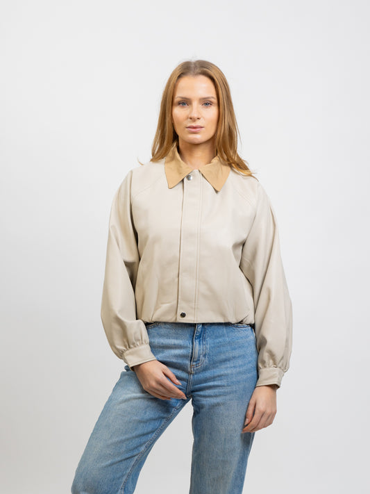 FAUX LEATHER JACKET WITH CONTRAST COLLAR