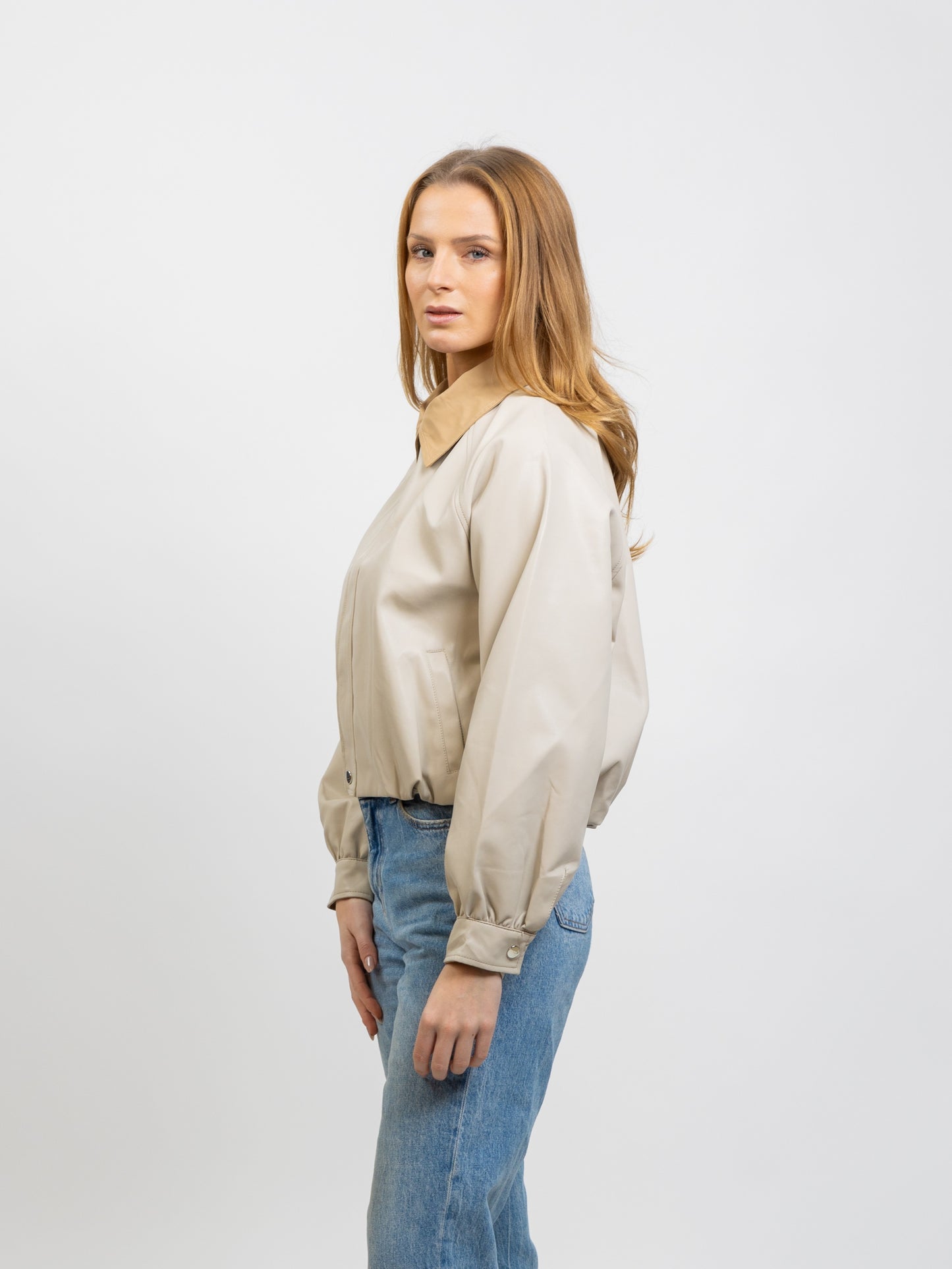 FAUX LEATHER JACKET WITH CONTRAST COLLAR