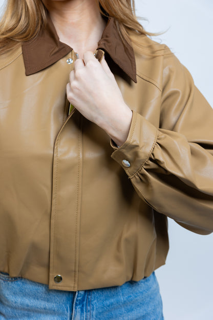 FAUX LEATHER JACKET WITH CONTRAST COLLAR