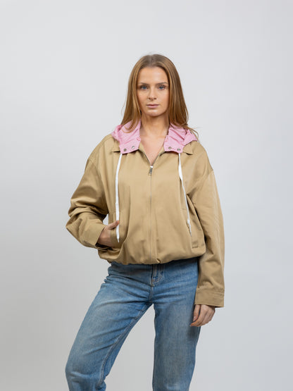 JACKET WITH CONTRASTING REMOVABLE HOOD