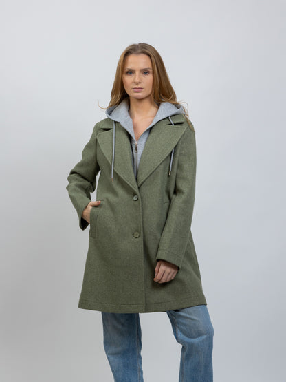 MANTEAU FAUX 2 PIÈCES AVEC CAPUCHE CONTRASTÉE