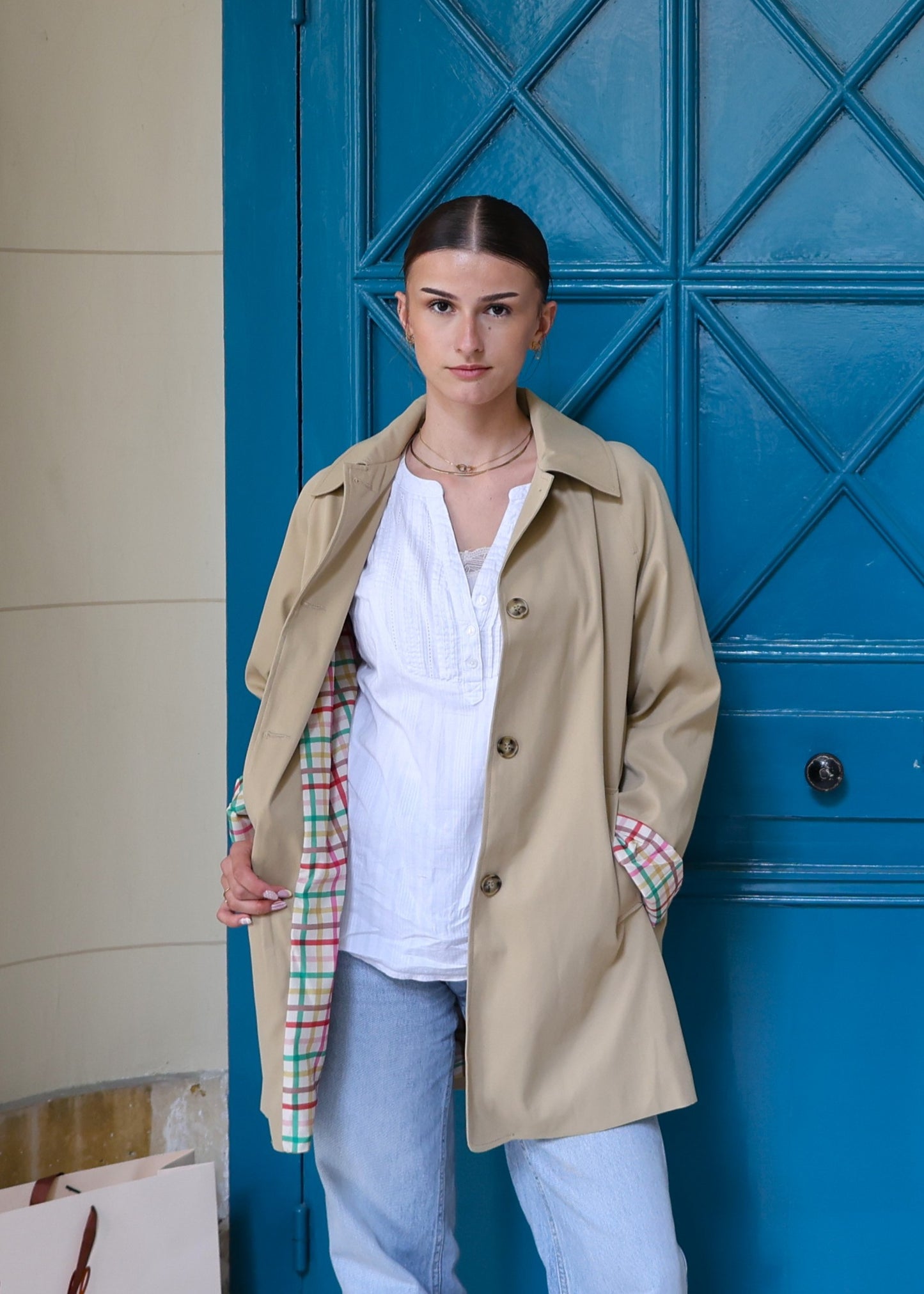 TRENCH MI-LONG A DOUBLURE CARREAUX