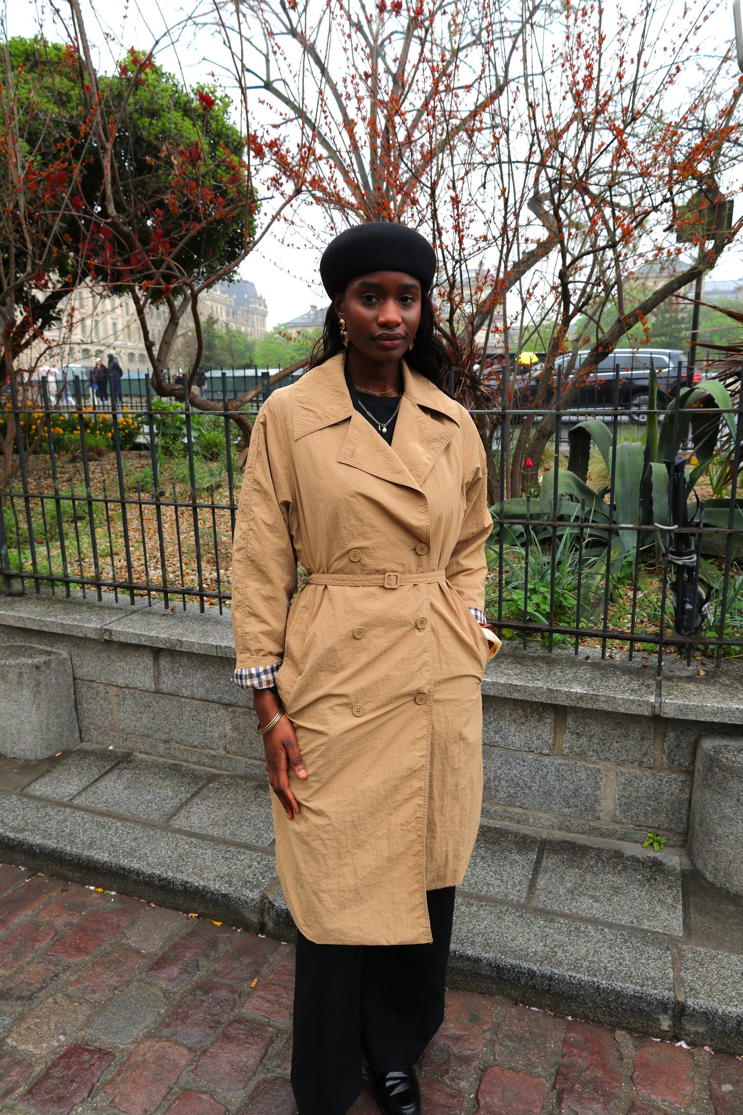 LONG TRENCH COAT WITH BELT AND CHECK LINING