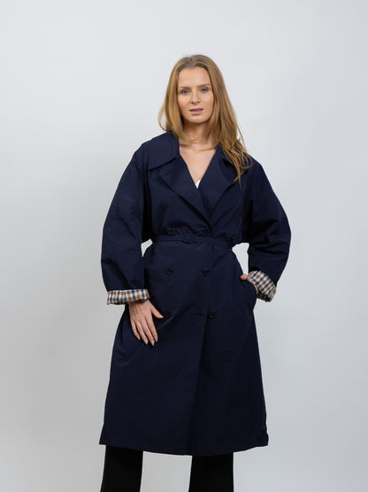 LONG TRENCH COAT WITH BELT AND CHECK LINING