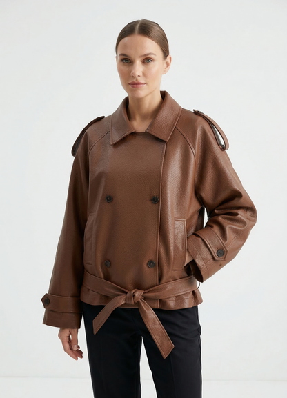 CHAQUETA EFECTO PIEL CON CINTURÓN