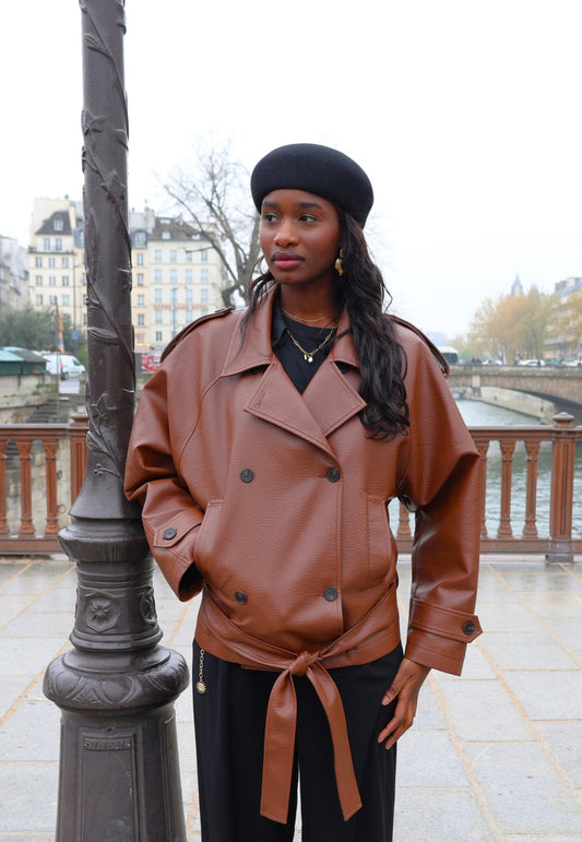 FAUX LEATHER BELTED JACKET