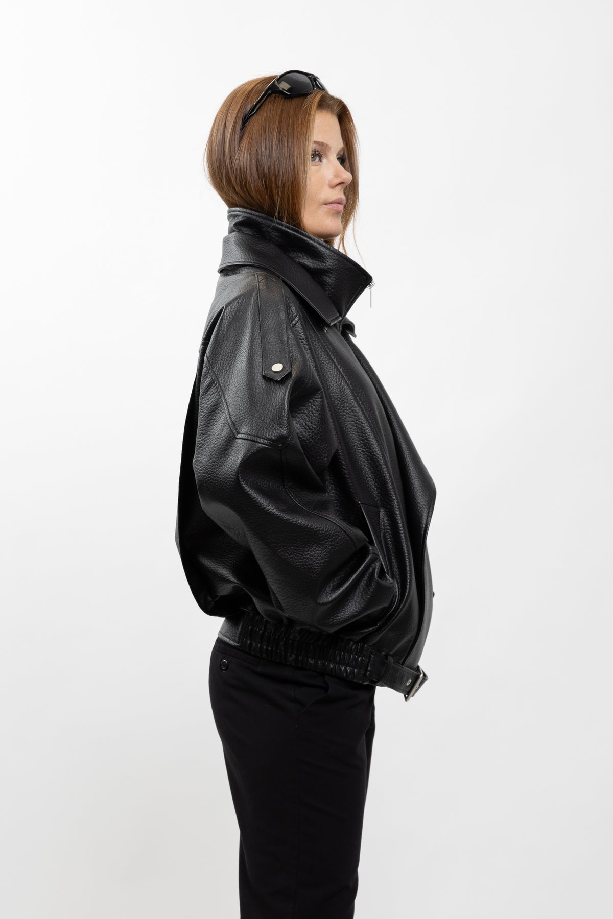 GRAINED FAUX LEATHER BIKER JACKET WITH DOUBLE COLLAR