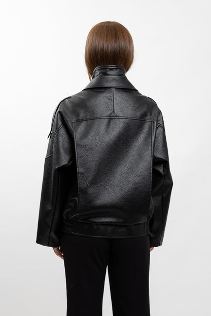 GRAINED FAUX LEATHER BIKER JACKET WITH DOUBLE COLLAR