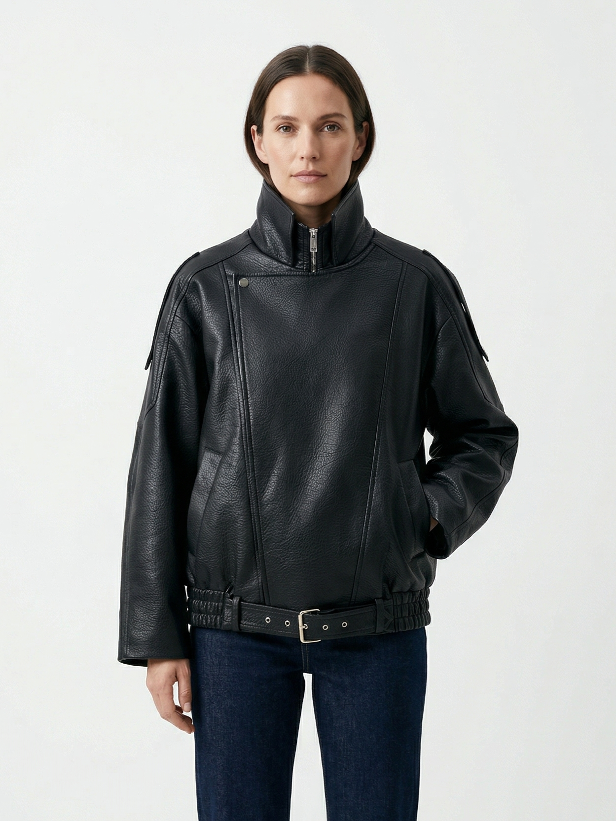 VESTE BIKER SIMILICUIR GRAINÉ À DOUBLE COL