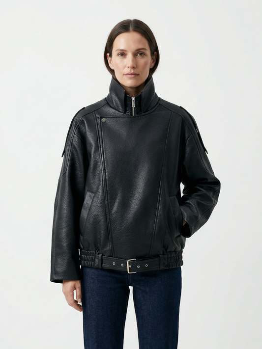 GRAINED FAUX LEATHER BIKER JACKET WITH DOUBLE COLLAR