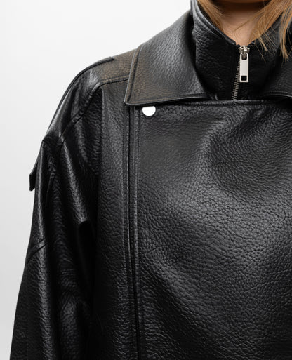 GRAINED FAUX LEATHER BIKER JACKET WITH DOUBLE COLLAR