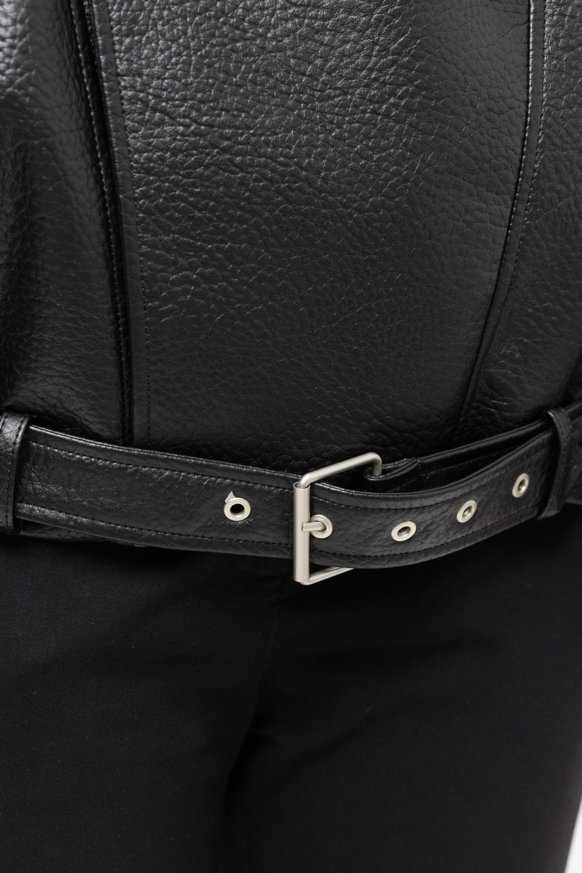 GRAINED FAUX LEATHER BIKER JACKET WITH DOUBLE COLLAR