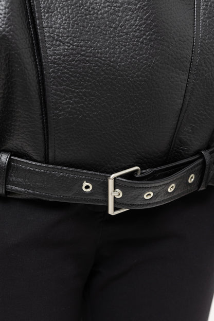 GRAINED FAUX LEATHER BIKER JACKET WITH DOUBLE COLLAR