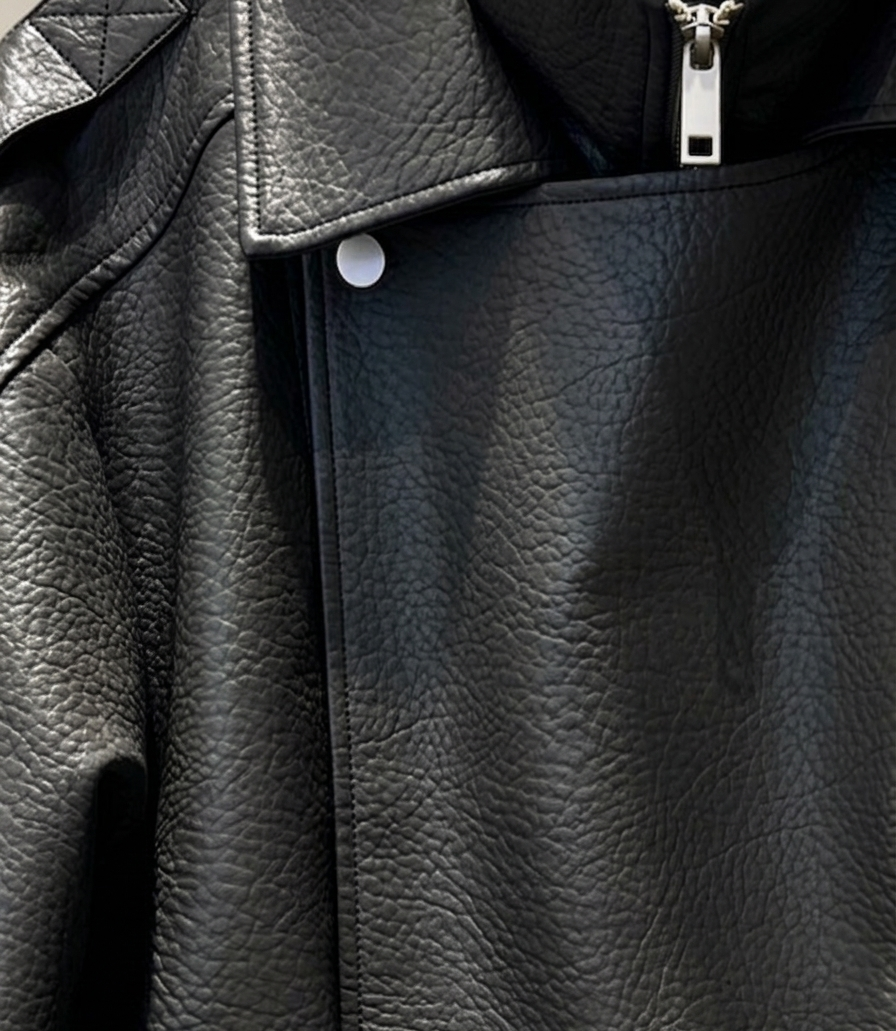 GRAINED FAUX LEATHER BIKER JACKET WITH DOUBLE COLLAR
