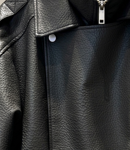 GRAINED FAUX LEATHER BIKER JACKET WITH DOUBLE COLLAR