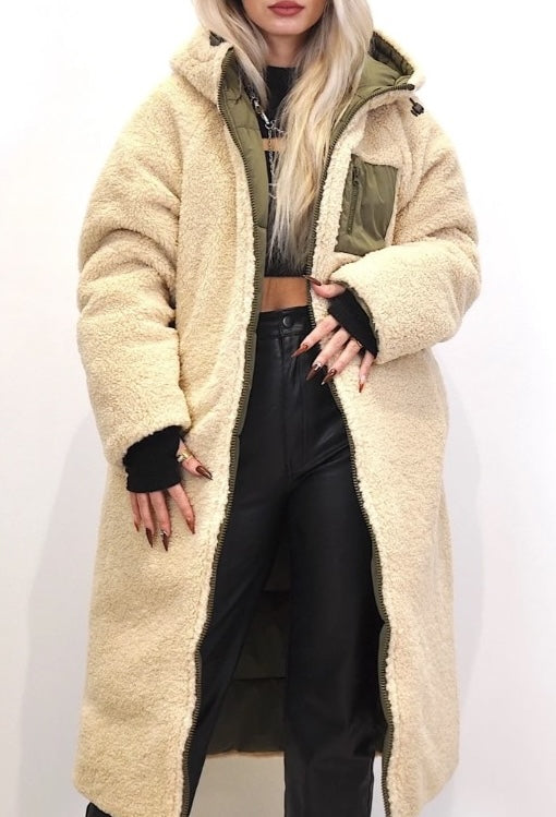 Long reversible down jacket with hood