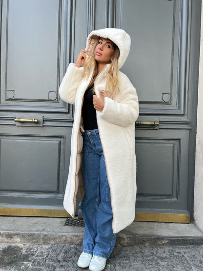 Long reversible down jacket with hood