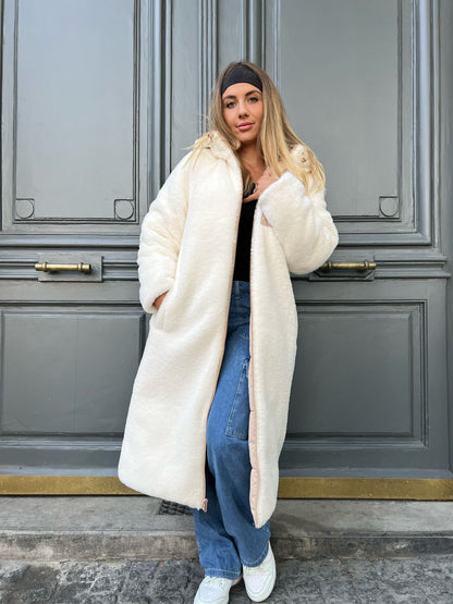 Long reversible down jacket with hood