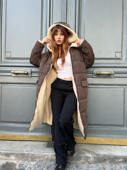 Long reversible down jacket with hood