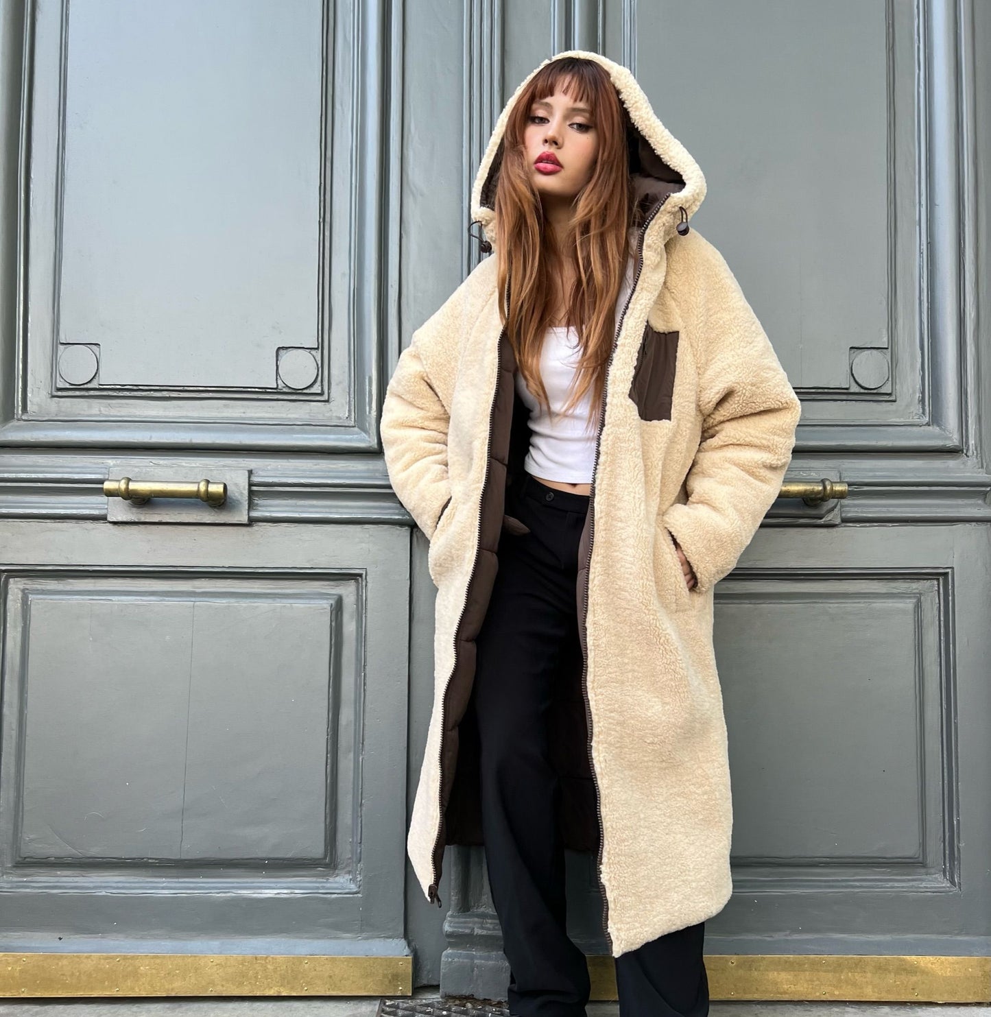 Long reversible down jacket with hood