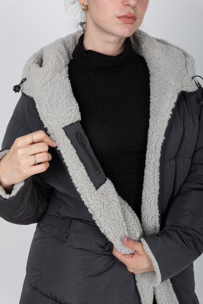 Long reversible down jacket with hood