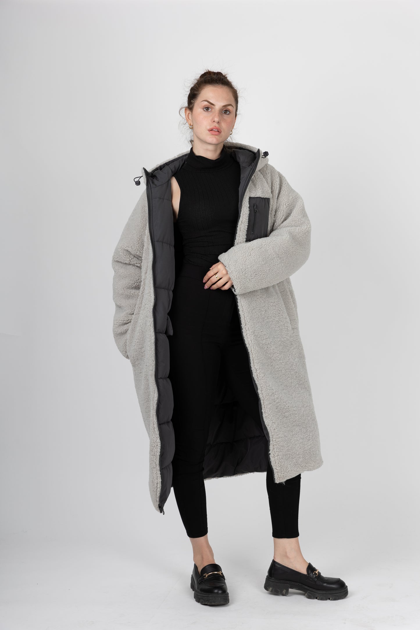 Long reversible down jacket with hood