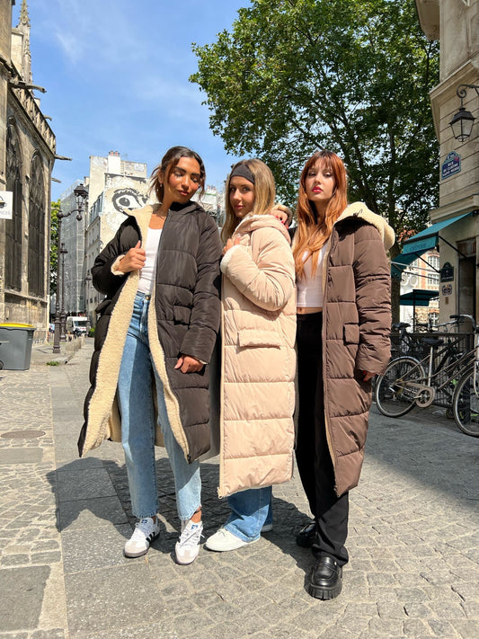 Long reversible down jacket with hood