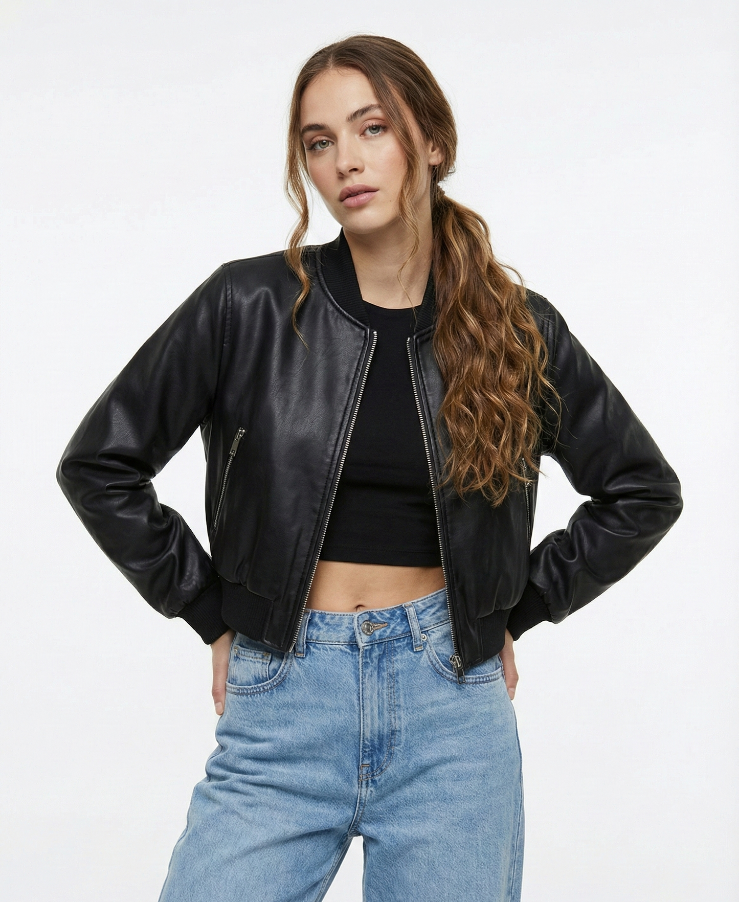 SHORT FAUX LEATHER BOMBER JACKET